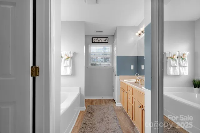 a bathroom with a bathtub sink and mirror