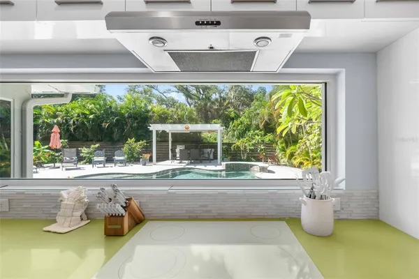 a swimming pool with large window