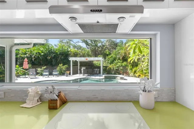 a swimming pool with large window