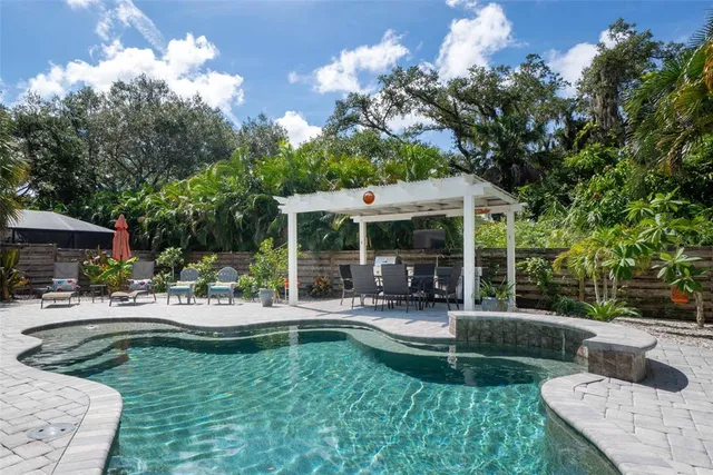 a view of a swimming pool with a patio and plants