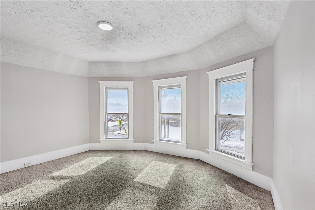 73 East York Street Akron, OH 44310 - Photo 23 of 36 Empty room with a raised ceiling, carpet floors, and a textured ceiling