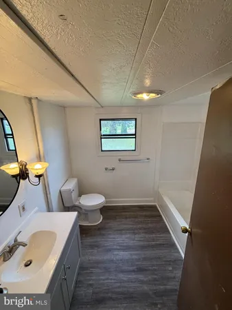 a bathroom with a sink mirror vanity and toilet