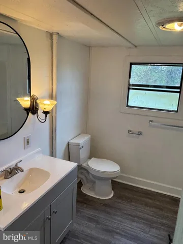 a bathroom with a toilet sink and mirror