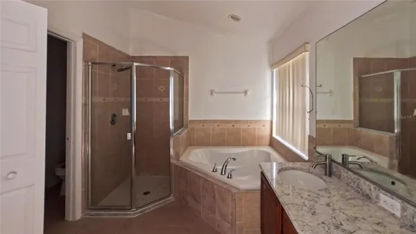 a bathroom with a granite countertop tub sink and mirror