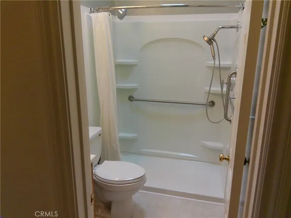 a bathroom with a shower and a toilet