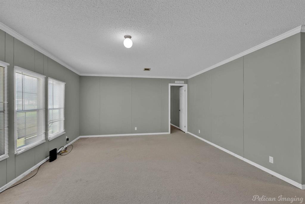 62 Princeton Lane Princeton, LA 71067 - Photo 22 of 33 Carpeted spare room featuring crown molding, a textured ceiling, and a decorative wall