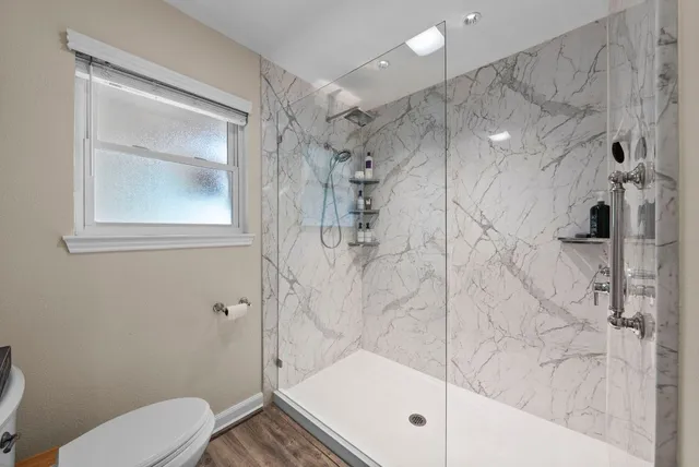 a bathroom with a shower and toilet