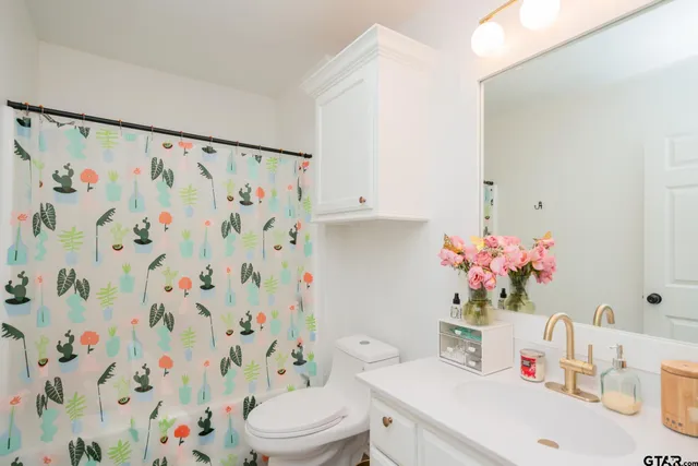a bathroom with a sink a toilet and shower curtain