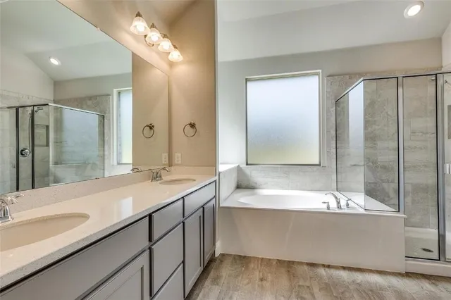 a bathroom with a sink double vanity granite tub shower and a mirror