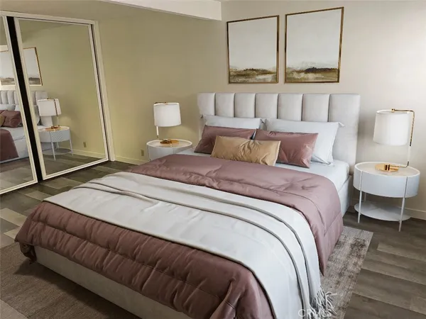 a bedroom with a bed window and wall painting