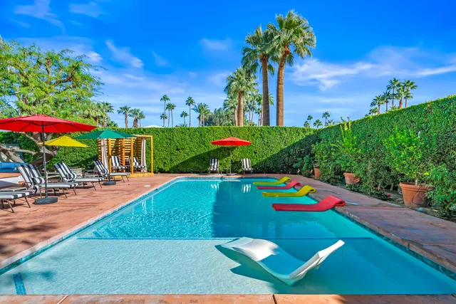 a view of a backyard with table and chairs potted plants and a palm tree
