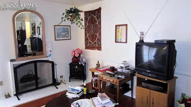 a living room with furniture a flat screen tv and a fireplace