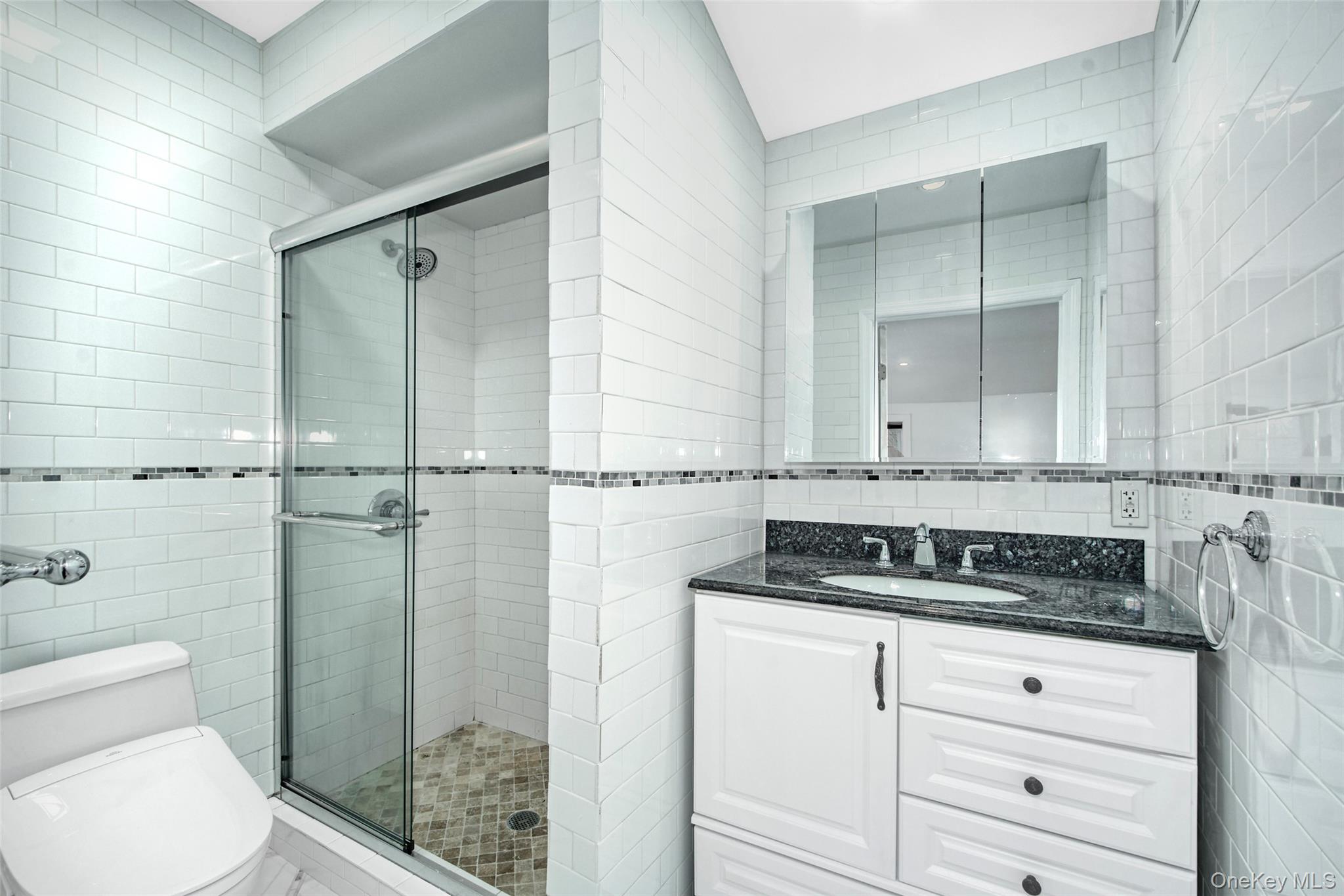 415 Pinebrook Boulevard New Rochelle, NY 10804 - Photo 14 of 20 a bathroom with a granite countertop sink a toilet and a mirror