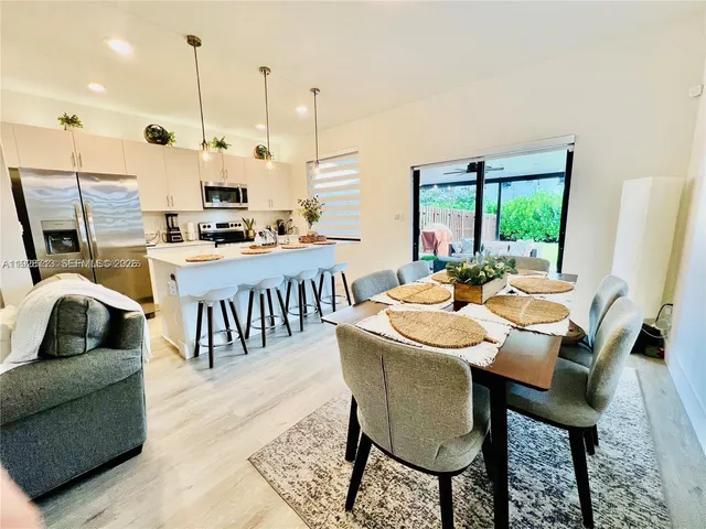 a view of a dining room with furniture window and outside view