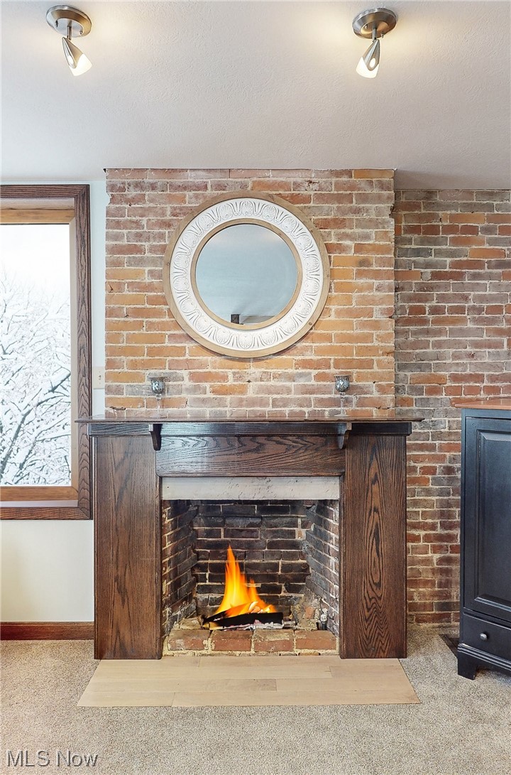 5770 Horning Road Kent, OH 44240 - Photo 15 of 50 Details with light carpet, a textured ceiling, and a fireplace