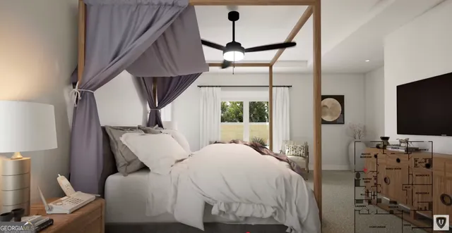 a bedroom with a bed window and flat screen tv