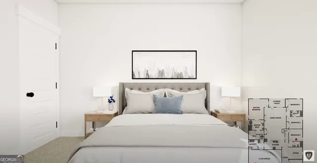 a living room with furniture and a potted plant on table