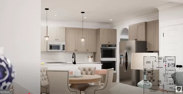 a kitchen with stainless steel appliances a refrigerator sink and microwave