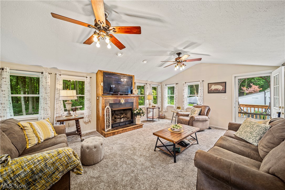 8976 Hendricks Road Mentor, OH 44060 - Photo 4 of 6 Carpeted living room with lofted ceiling, a textured ceiling, and ceiling fan