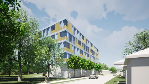 a view of a building with a street