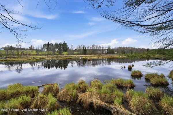 a view of a lake with houses in the back