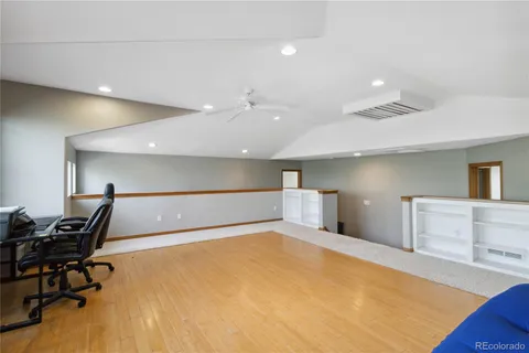 a room with a workspace