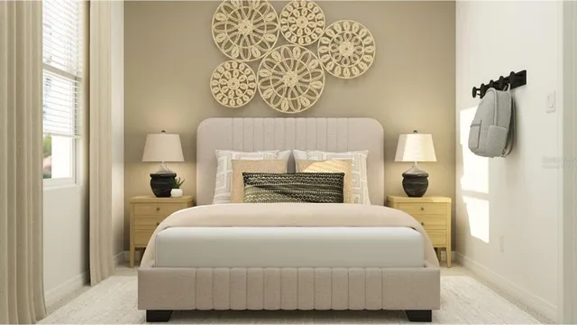 a bedroom with a bed and a fireplace