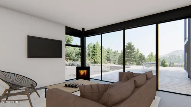 a view of a yard with plants and trees