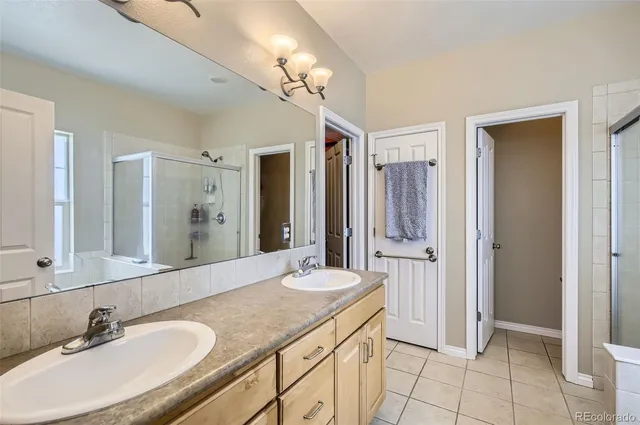 a bathroom with a granite countertop sink a shower and a mirror