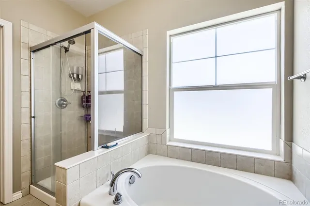 a bathroom with a bathtub and a shower