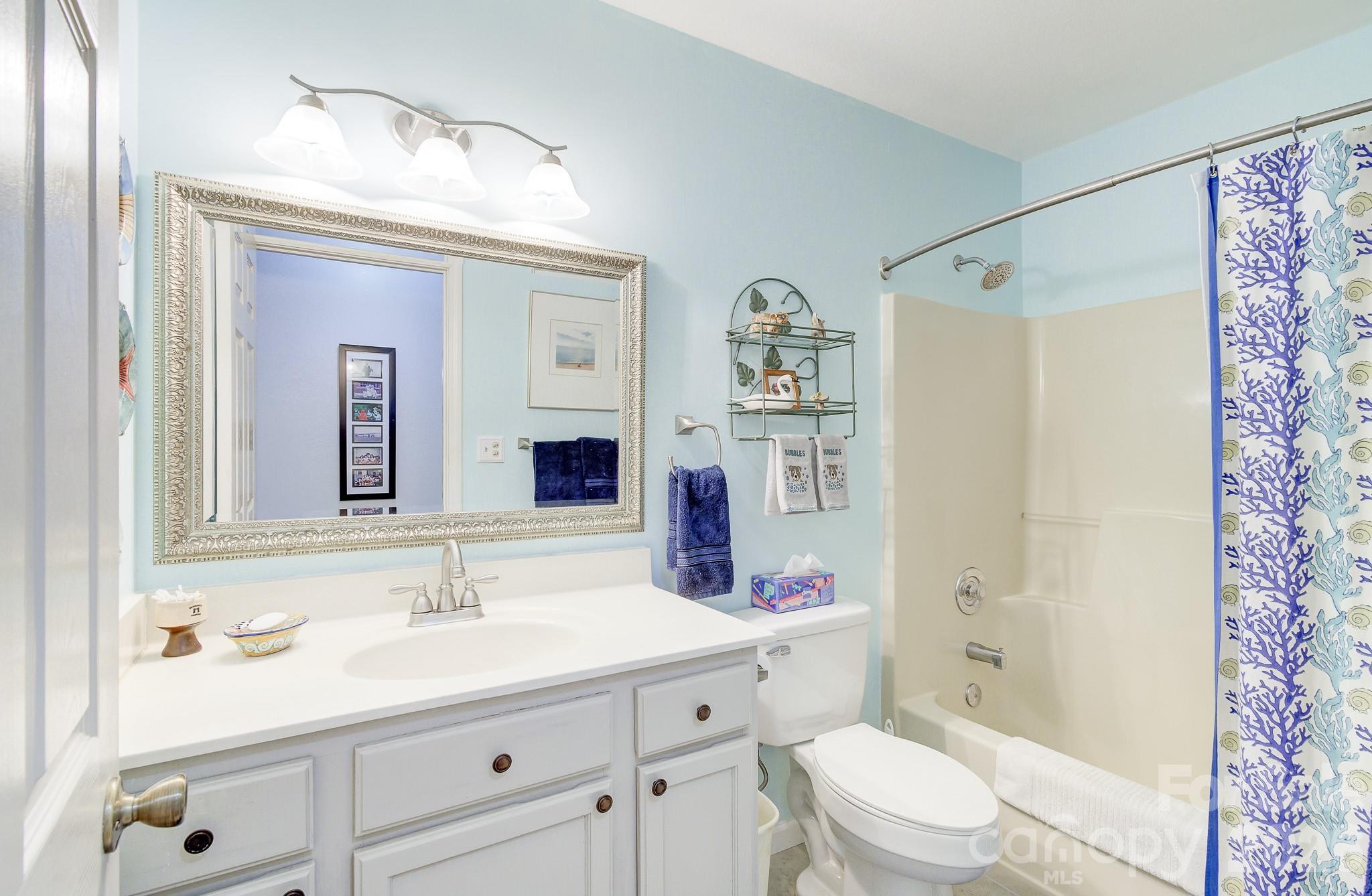 737 Woodbine Road Waynesville, NC 28785 - Photo 32 of 48 a bathroom with a sink a toilet a mirror a vanity and shower