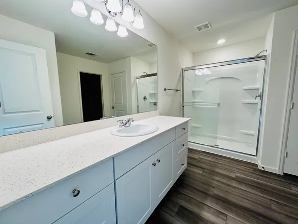 a bathroom with a sink shower and a mirror
