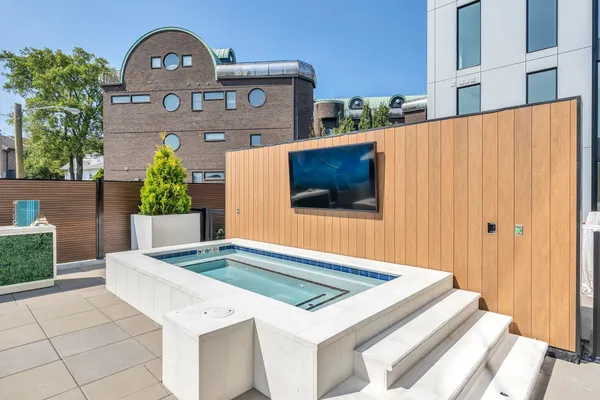 front view of a building with a street