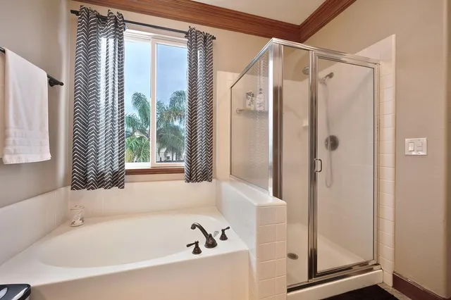 a bathroom with a bathtub and a shower