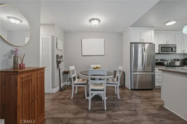 a view of a dining room with furniture
