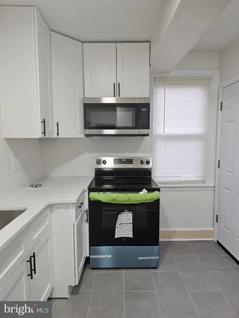 a kitchen with stainless steel appliances a stove a microwave and a refrigerator