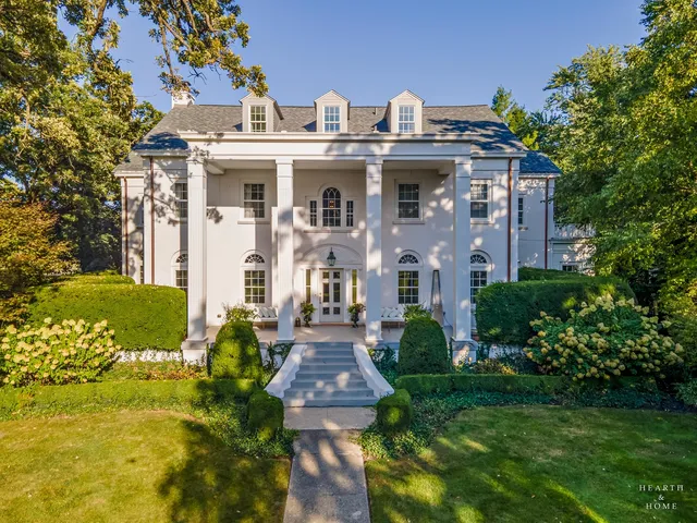 a aerial view of a house with a yard and potted plants