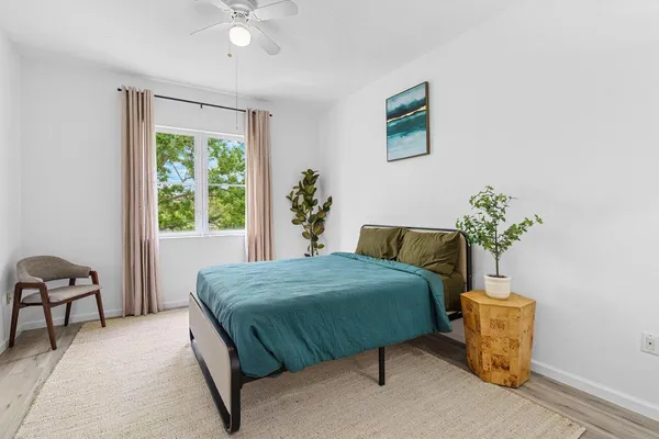 a bedroom with a bed and a potted plant