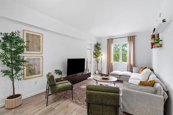 a living room with furniture a potted plant and a fireplace