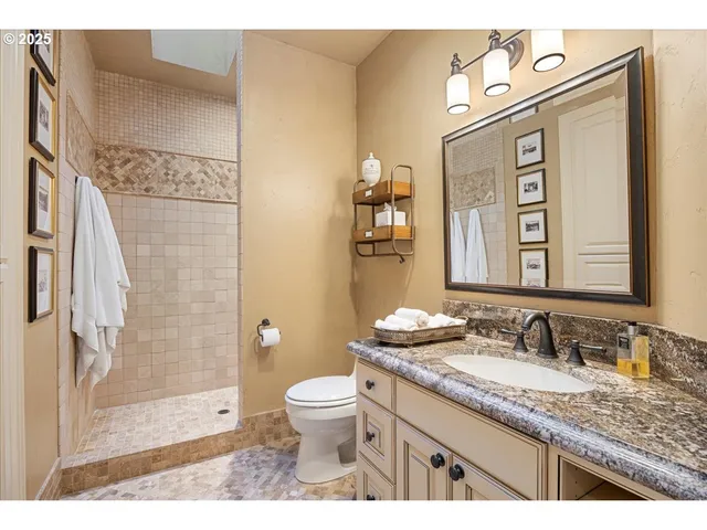 a bathroom with a granite countertop sink toilet a mirror and shower