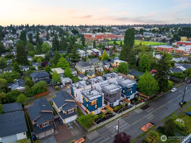 an aerial view of a house with a garden