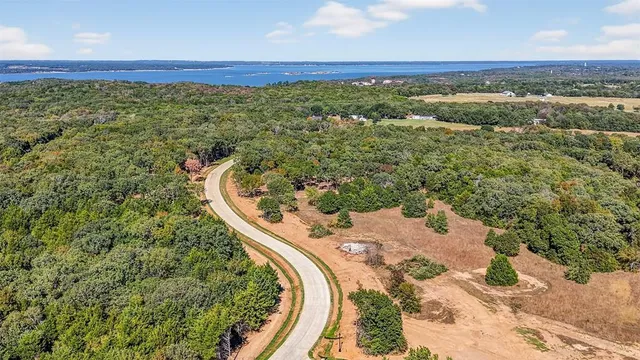 an aerial view of a house with a yard and lake view