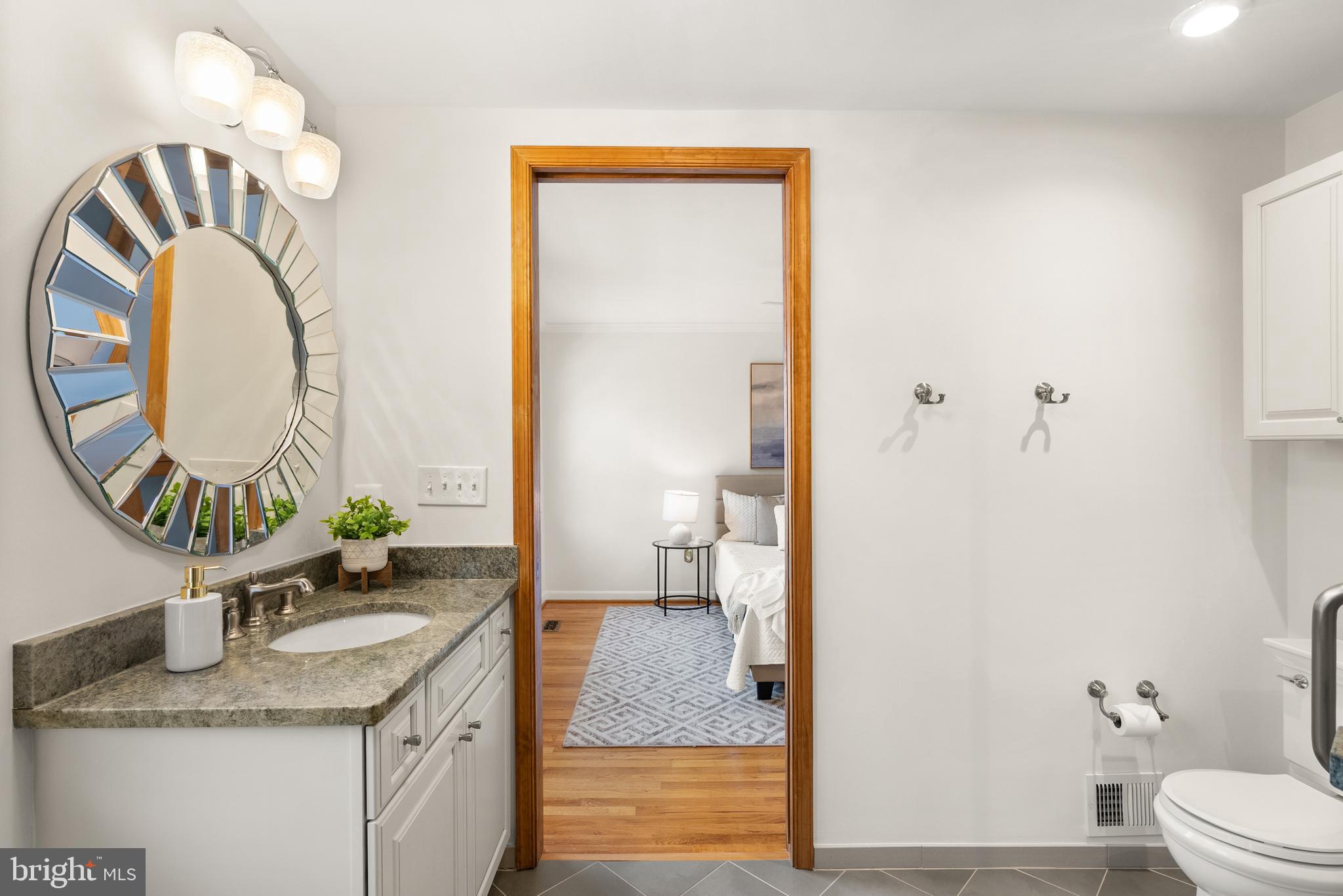 1838 Golf View Court Reston, VA 20190 - Photo 31 of 60 a bathroom with a granite countertop sink a mirror and a toilet
