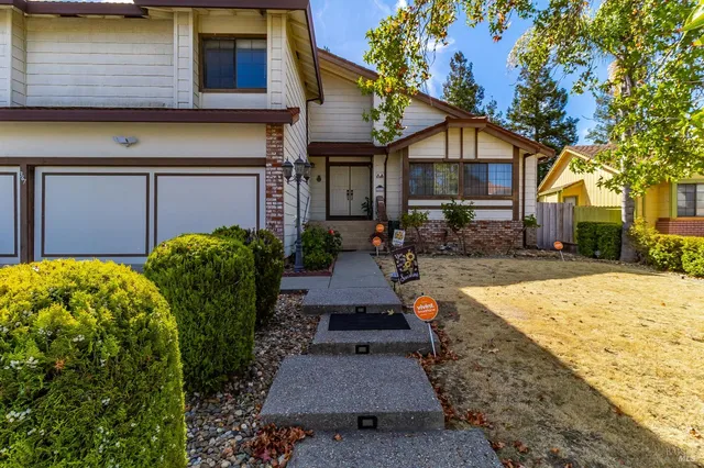 a view of a house with brick walls plants and large tree