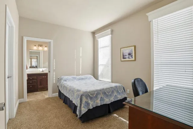 a bedroom with a bed and a desk