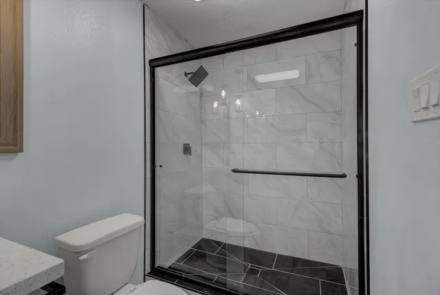 a bathroom with a shower a toilet and a sink