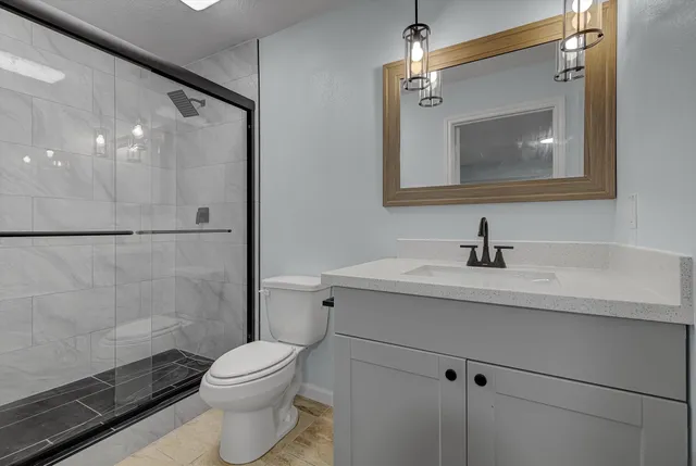 a bathroom with a sink a mirror a toilet and shower