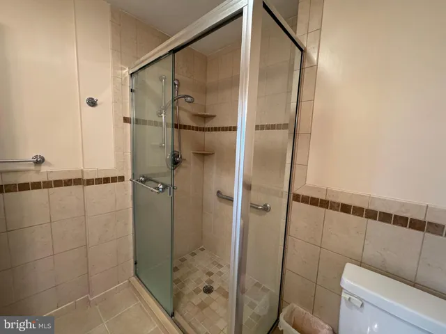 a bathroom with a shower and toilet
