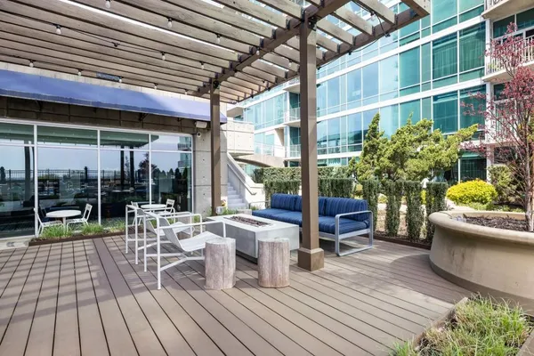 a view of a fountain with a patio
