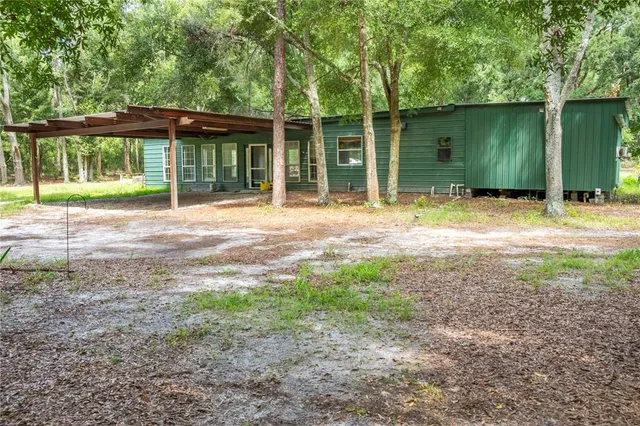 a view of a park with large trees